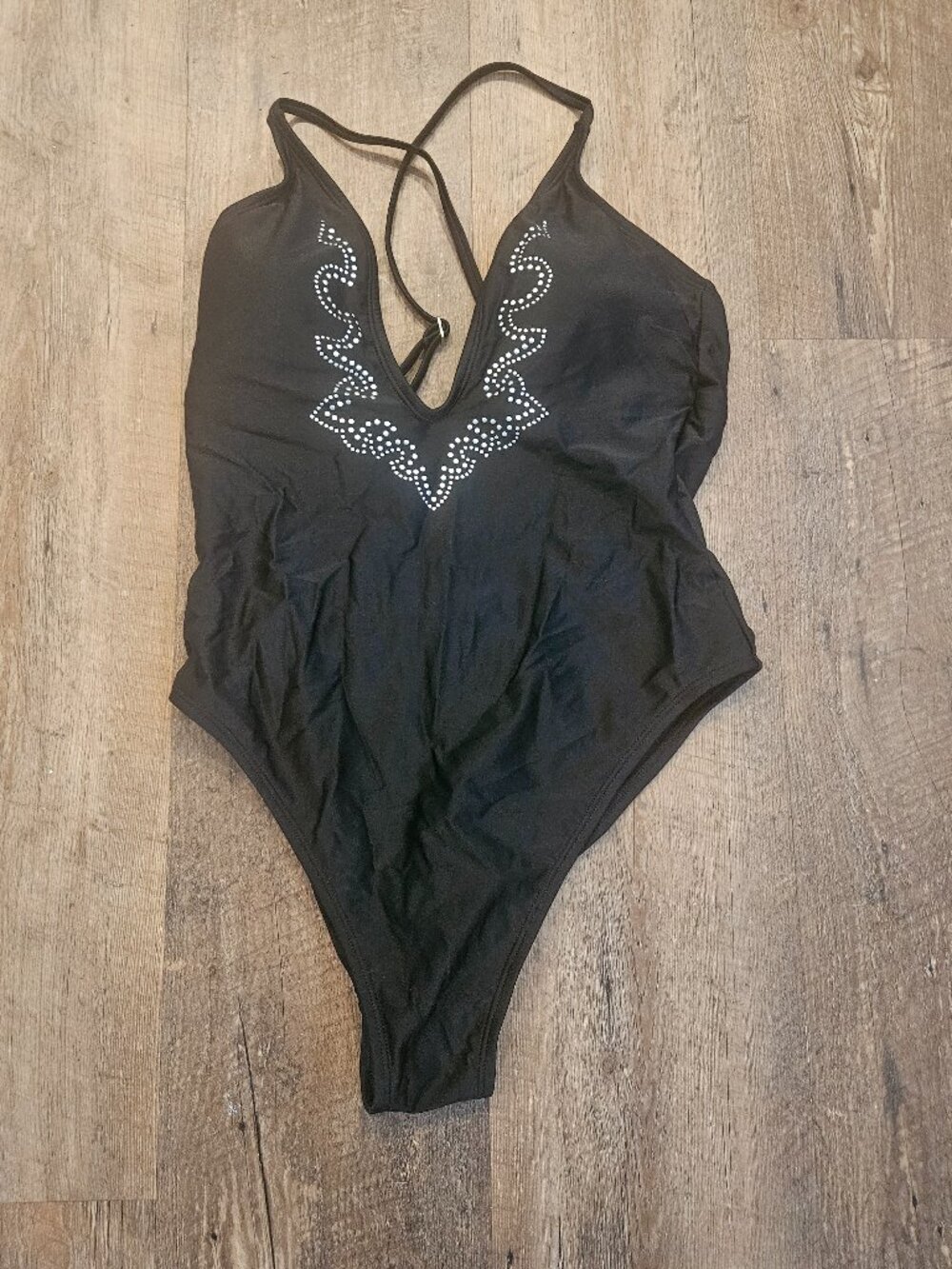 Wild Fable Black One Piece Swimsuit Rhinestone Deep V Medium